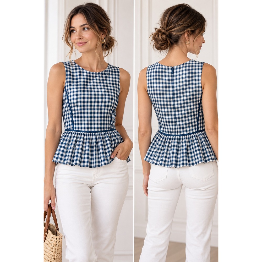 J Crew 0P 100% Silk Blue White Gingham Peplum Top Sleeveless Preppy Cottagecore